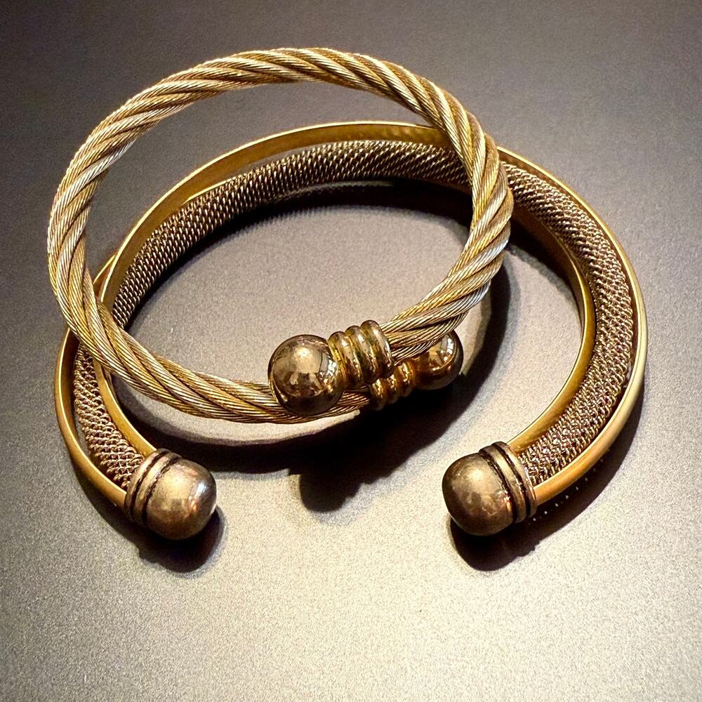 Pair of Modern Mixed Metal Gold & Silver Cuff Bracelets